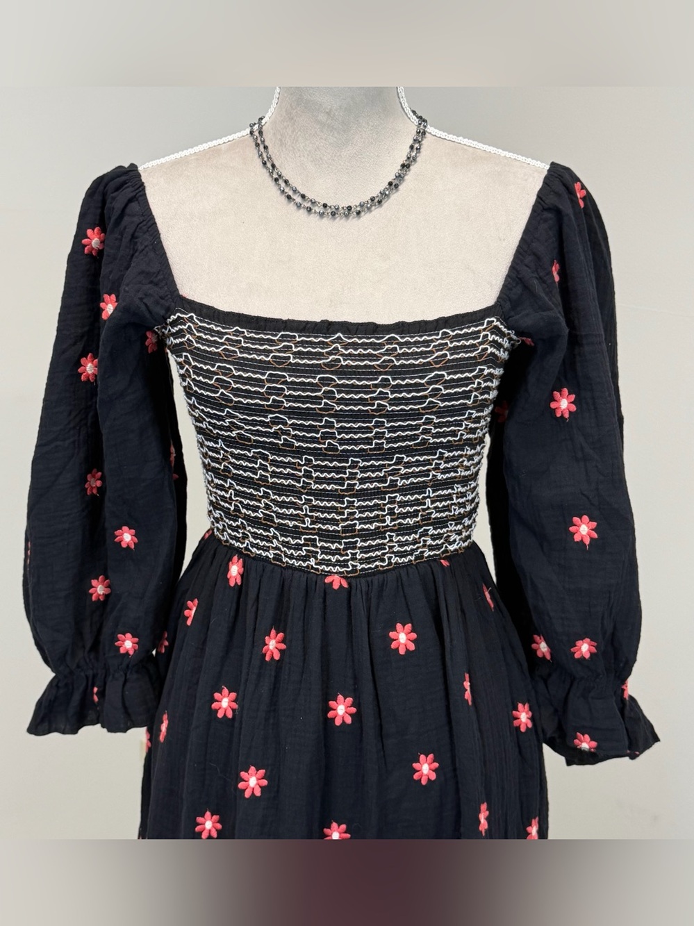 Free People Dahlia Embroidered Maxi Dress S /M Tiered Smocked Black Combo Boho - Picture 5 of 15